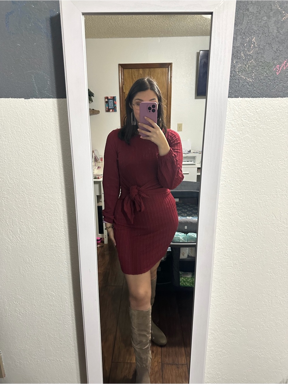 Zeagoo Women's Casual Knit Long Sleeve bodycon Tie Waist Rib Knit Sweater Dress